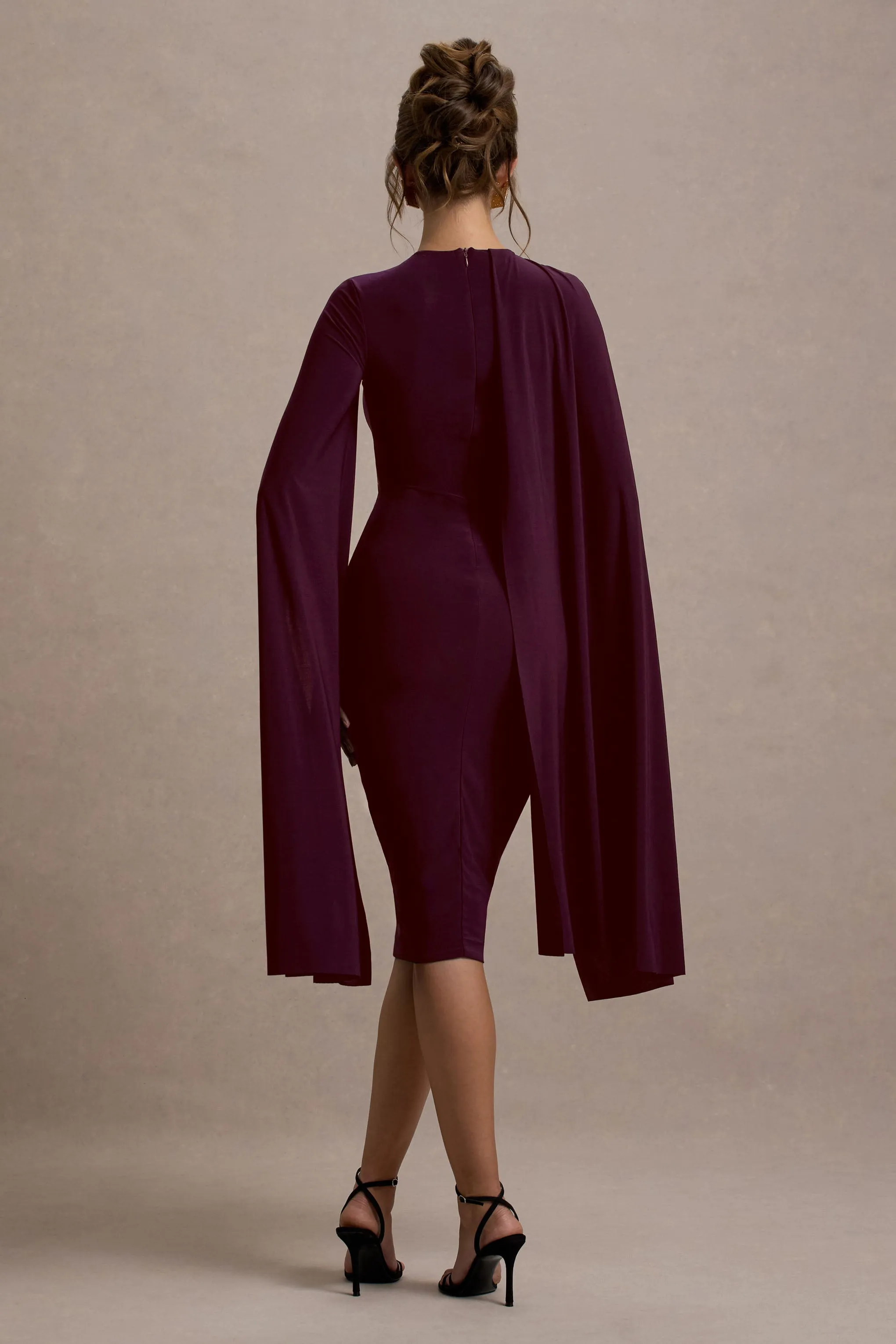 Marysol | Plum Asymmetric Cape Midi Dress