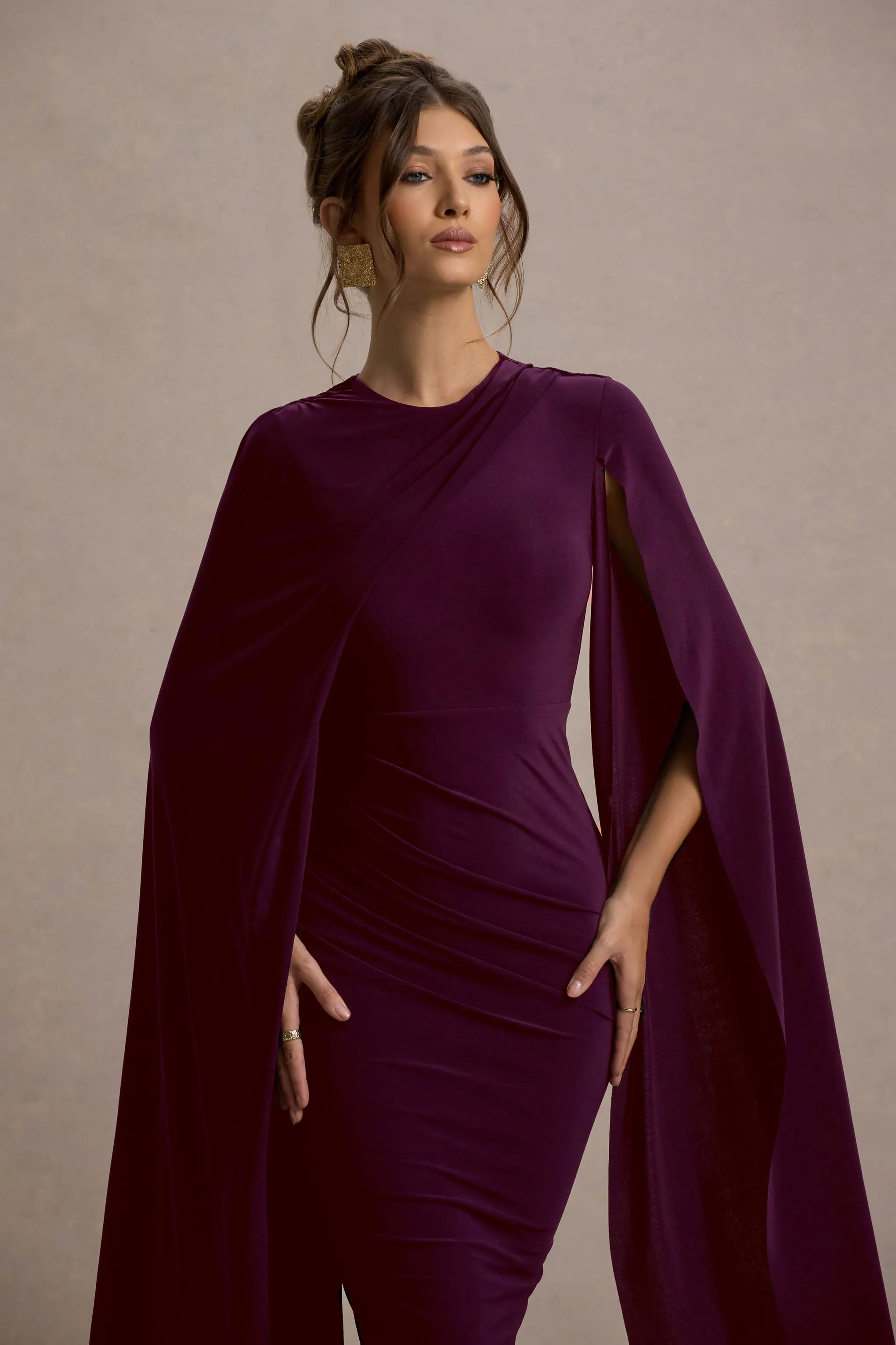 Marysol | Plum Asymmetric Cape Midi Dress