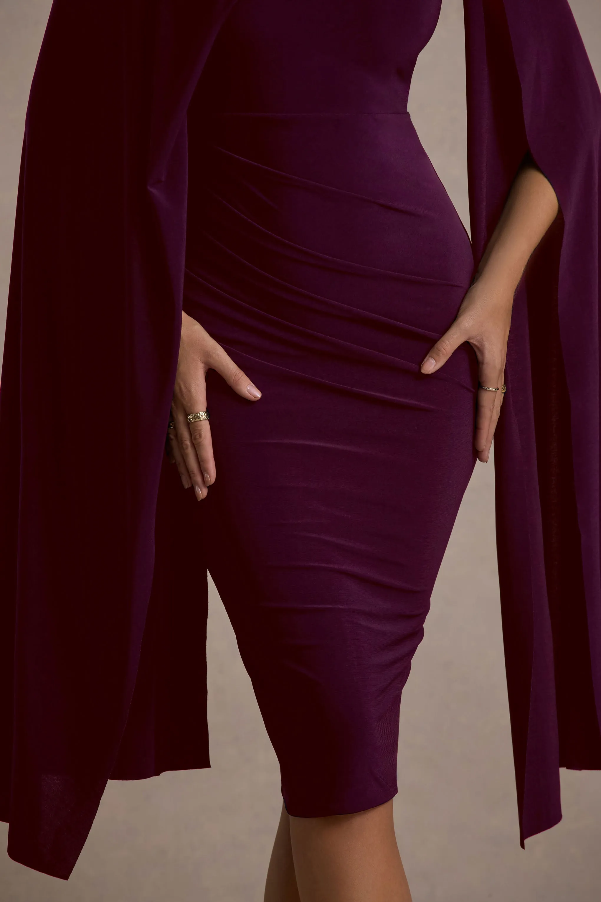 Marysol | Plum Asymmetric Cape Midi Dress