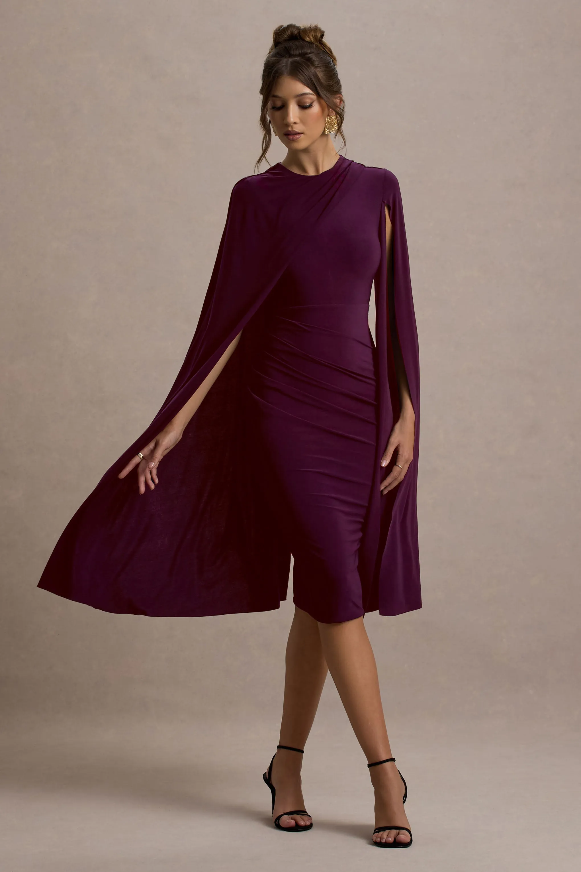 Marysol | Plum Asymmetric Cape Midi Dress