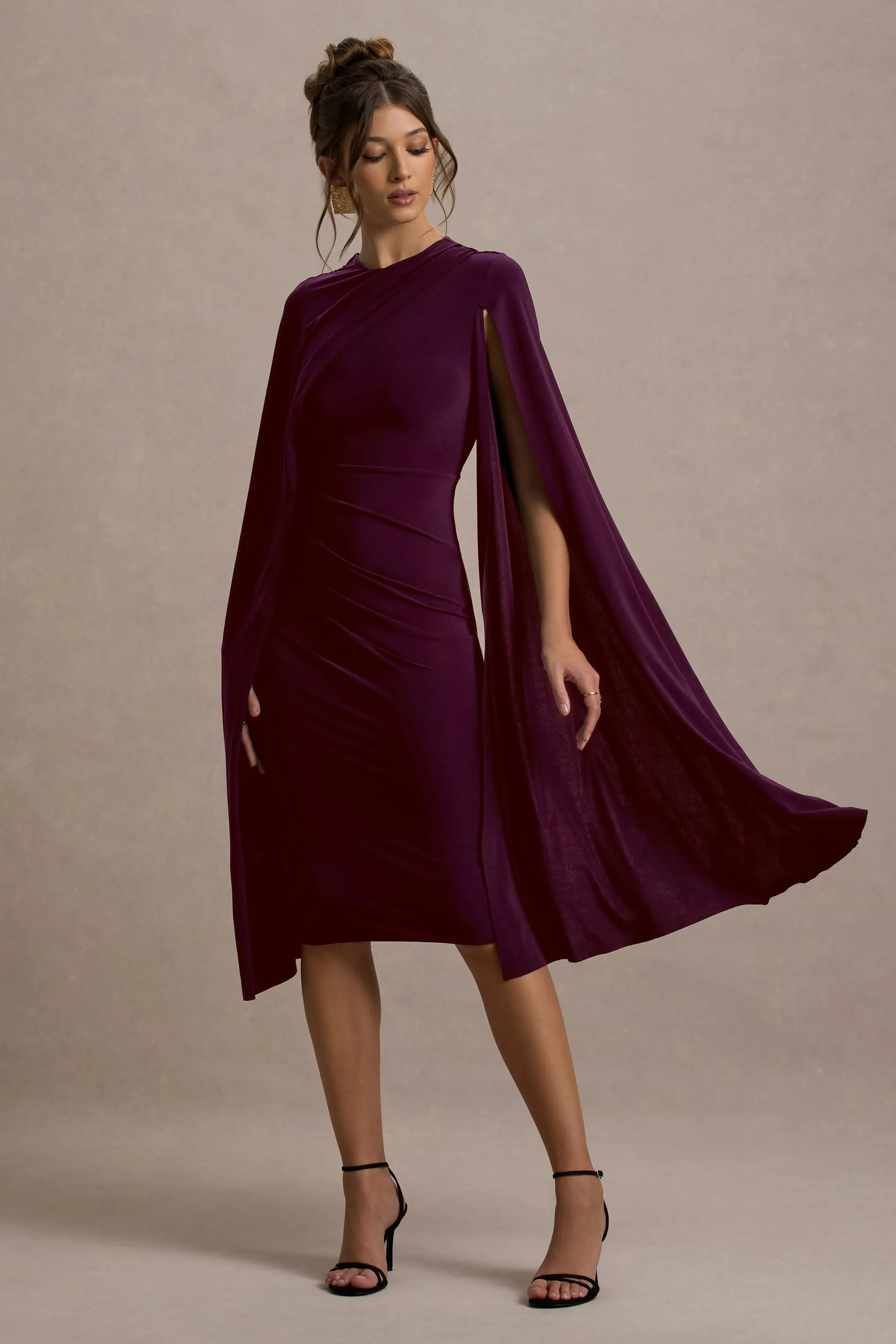 Marysol | Plum Asymmetric Cape Midi Dress