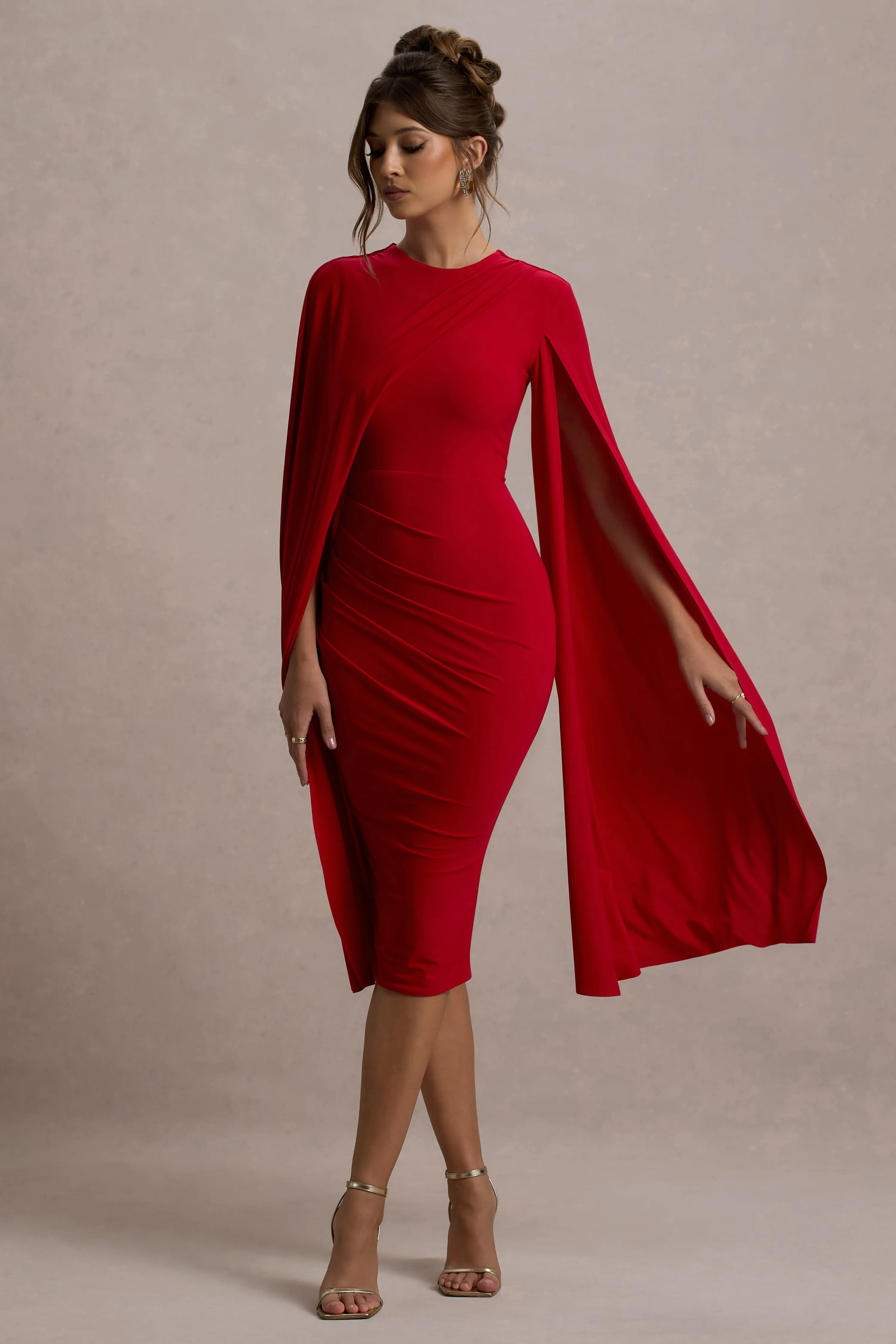 Marysol | Red Asymmetric Cape Midi Dress