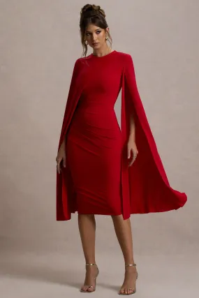 Marysol | Red Asymmetric Cape Midi Dress