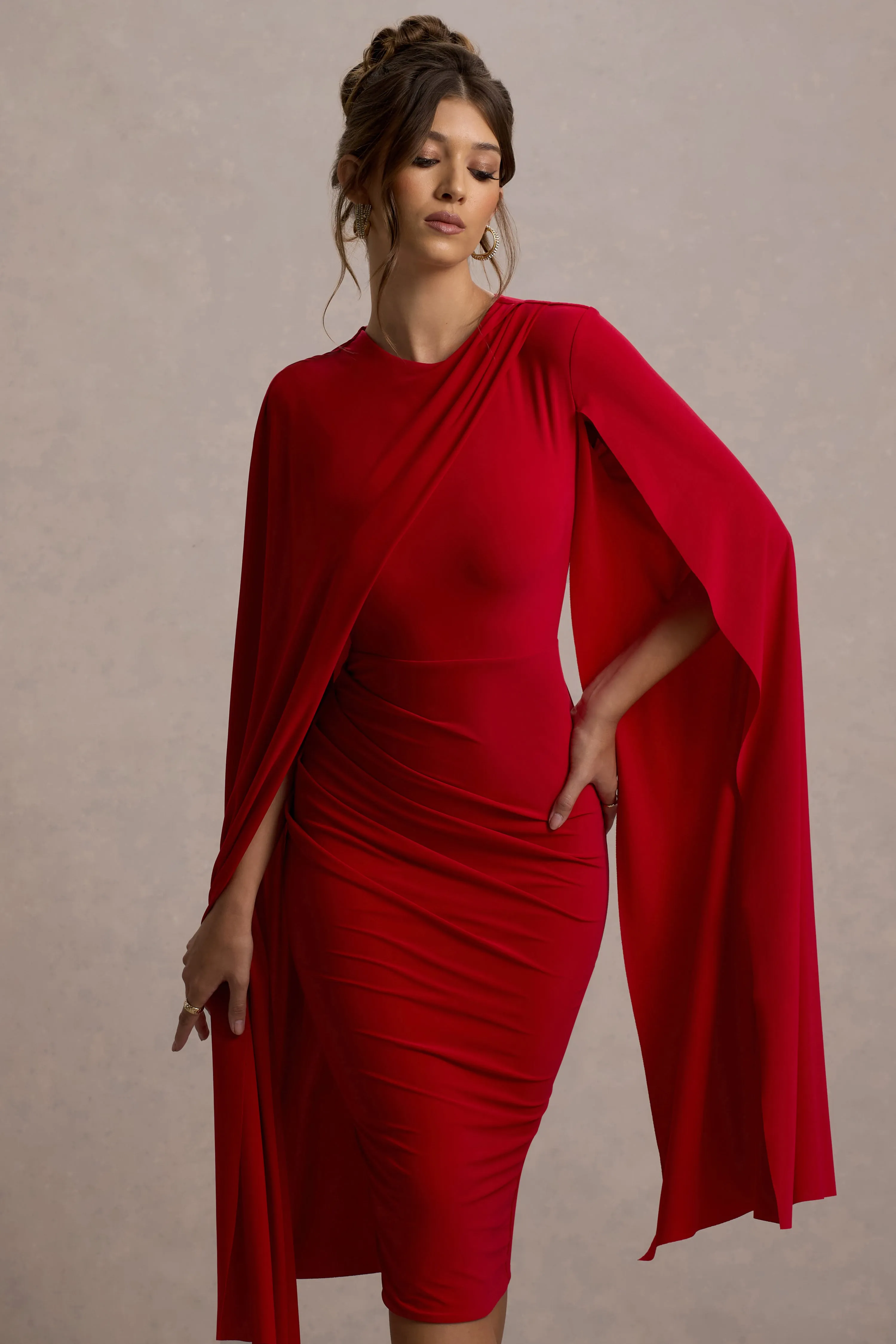 Marysol | Red Asymmetric Cape Midi Dress