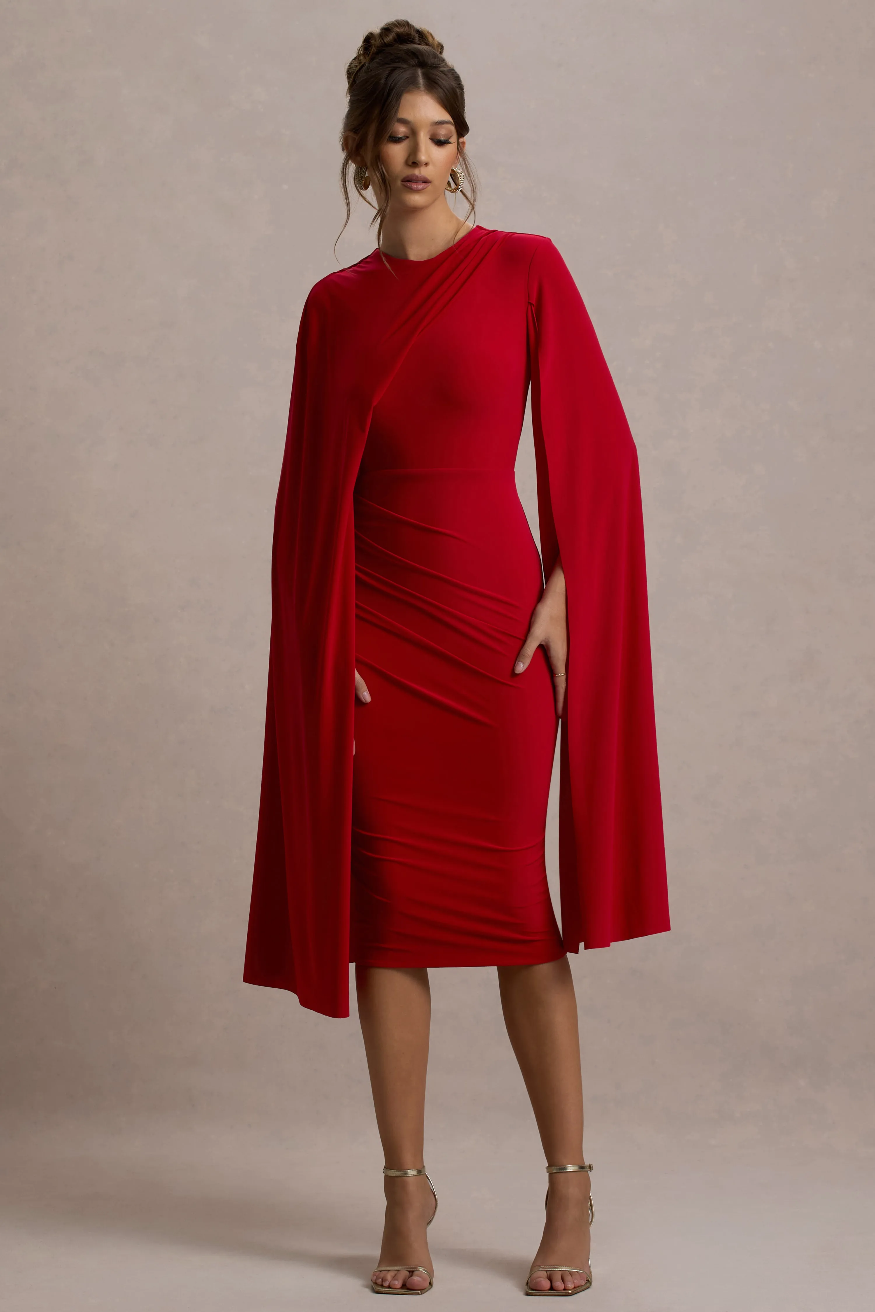 Marysol | Red Asymmetric Cape Midi Dress