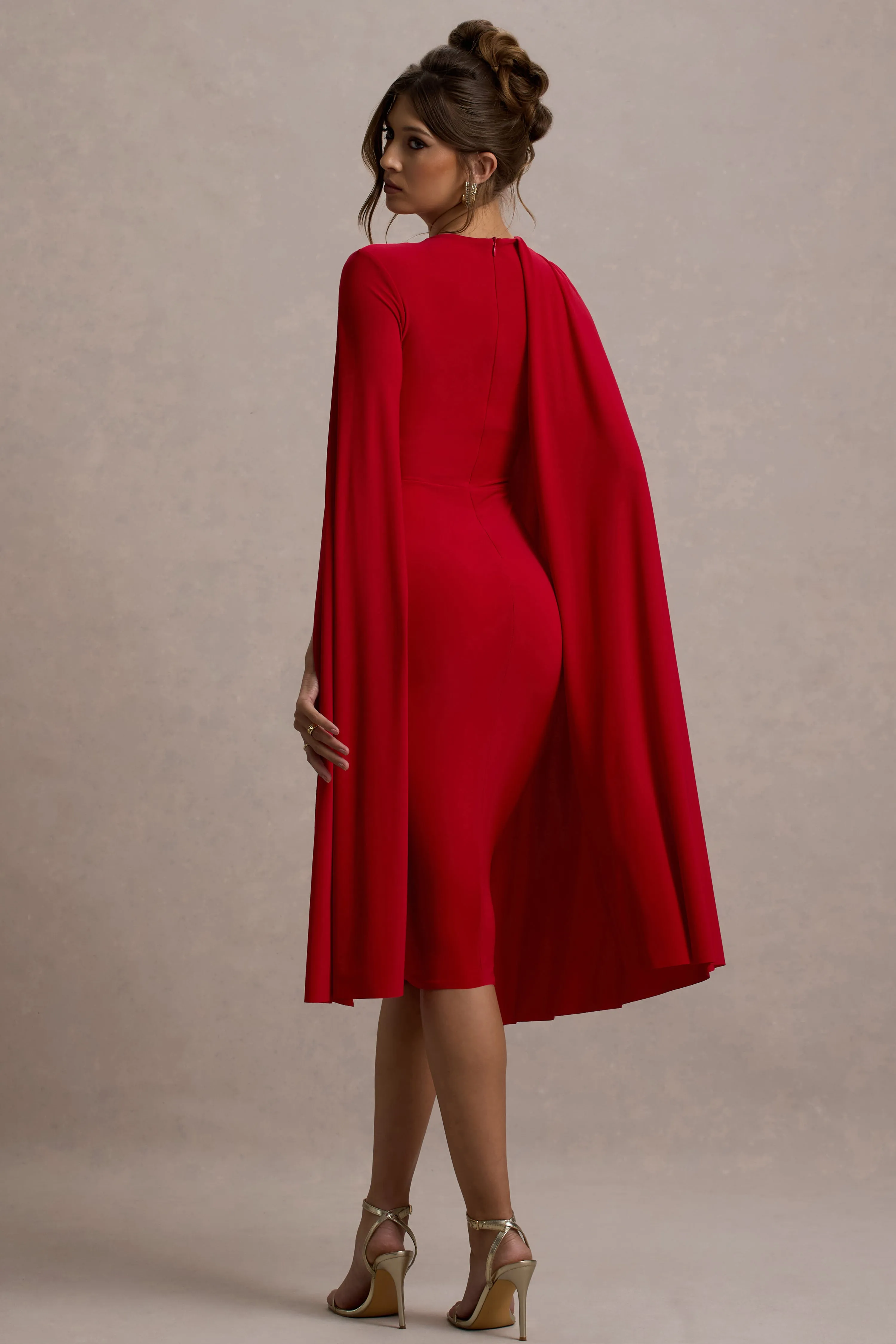 Marysol | Red Asymmetric Cape Midi Dress