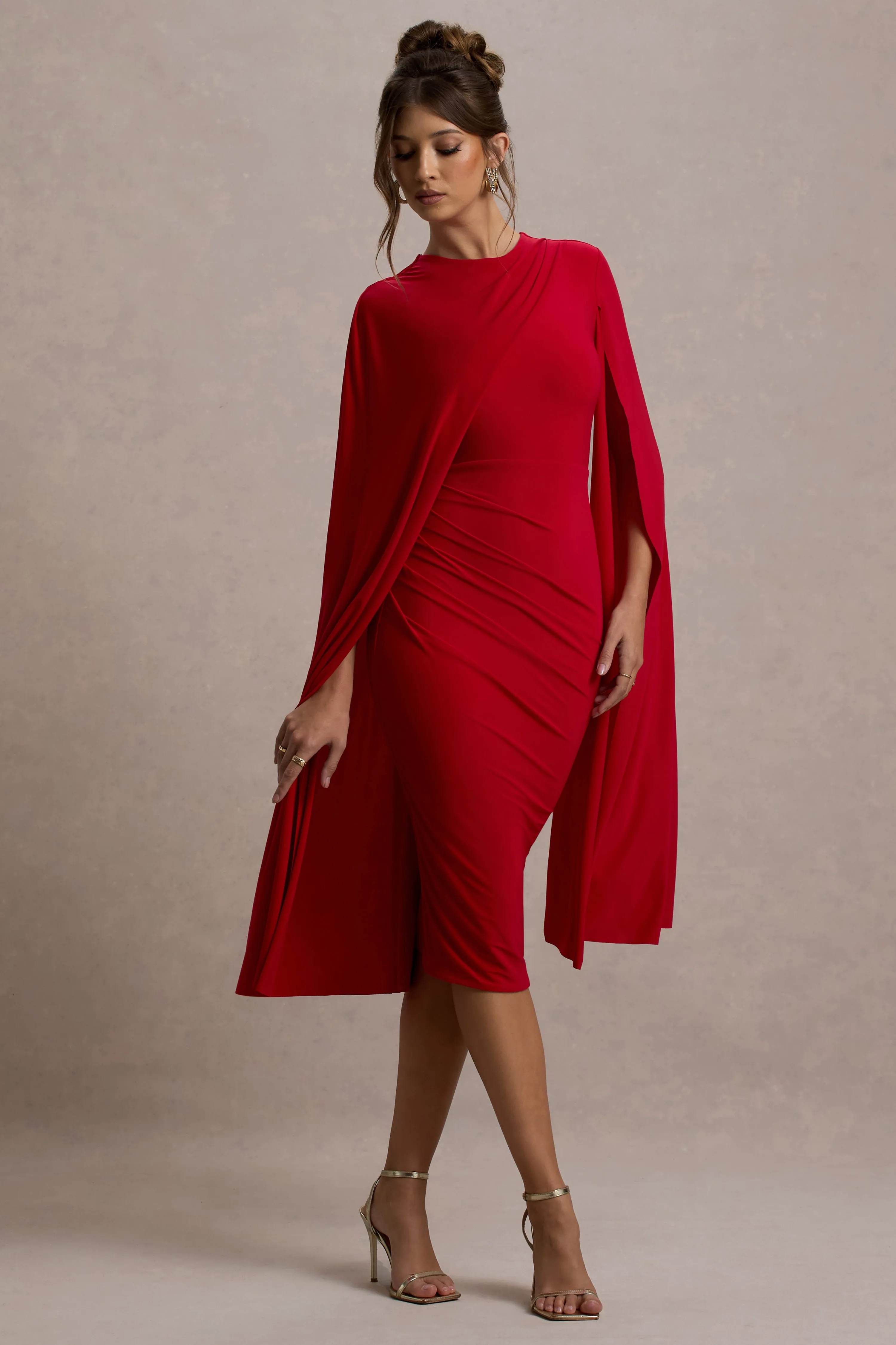 Marysol | Red Asymmetric Cape Midi Dress