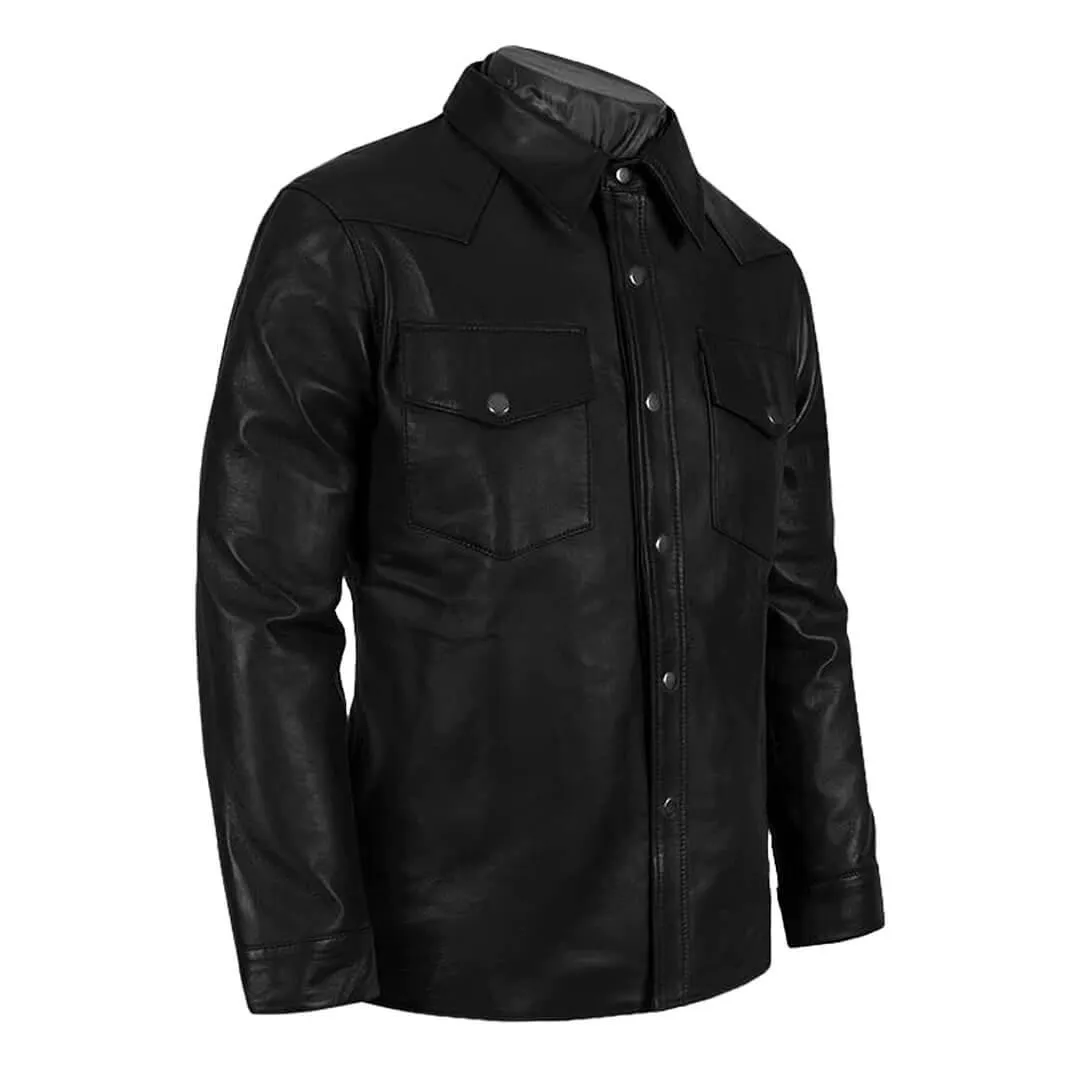 Men's Flat Pockets Leather Shirt