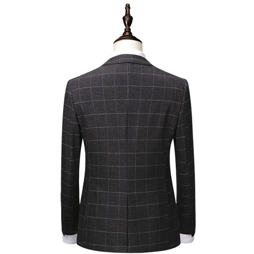 Men's Plaid Dark Gray Suits Gentleman Slim Fit Wedding Suits for Men 3 Piece Suits for Men