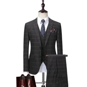 Men's Plaid Dark Gray Suits Gentleman Slim Fit Wedding Suits for Men 3 Piece Suits for Men