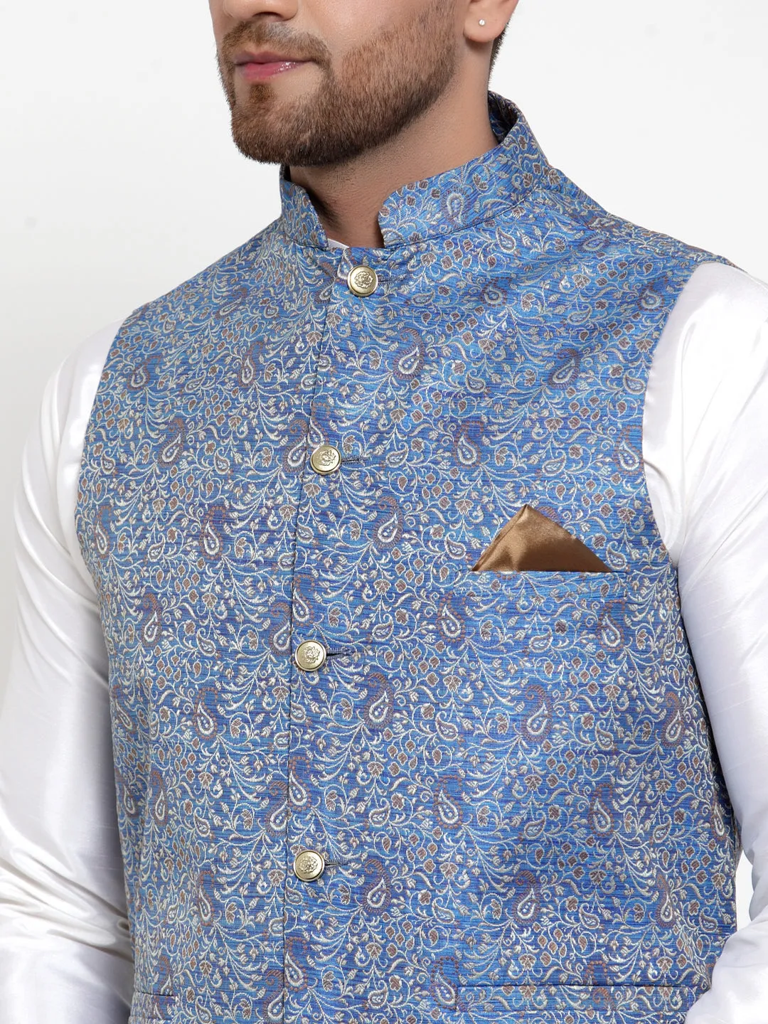 Men's Solid Dupion Kurta Pajama with Woven Jacqaurd Nehru Jacket ( JOKPWC OW-D 4020Blue ) - Virat Fashions