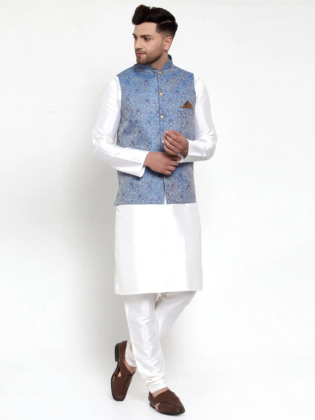 Men's Solid Dupion Kurta Pajama with Woven Jacqaurd Nehru Jacket ( JOKPWC OW-D 4020Blue ) - Virat Fashions