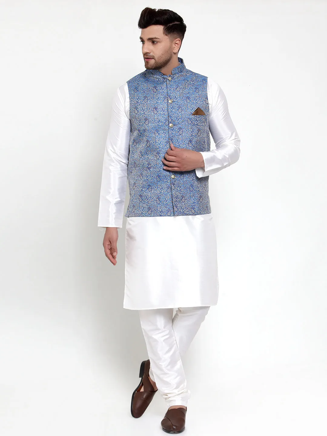 Men's Solid Dupion Kurta Pajama with Woven Jacqaurd Nehru Jacket ( JOKPWC OW-D 4020Blue ) - Virat Fashions