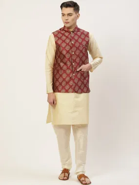 Men's Solid Kurta Pyjama With Floral Maroon Printed Nehru Jacket