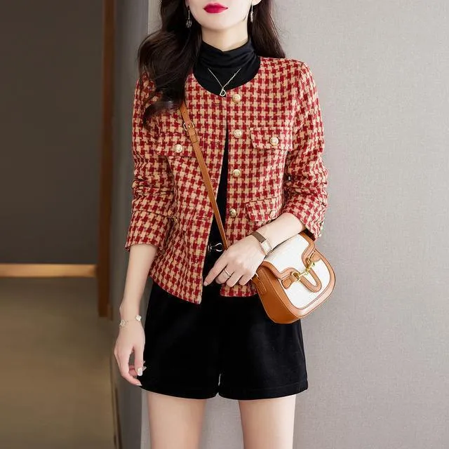 METAVERSMALL Autumn and winter plaid small fragrant style round neck slim versatile women's jacket 2023 popular fashion temperament simple short top