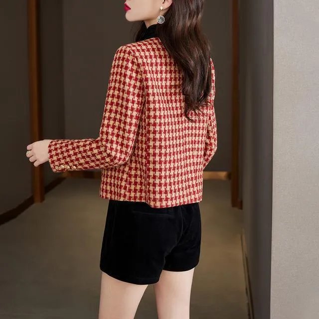 METAVERSMALL Autumn and winter plaid small fragrant style round neck slim versatile women's jacket 2023 popular fashion temperament simple short top