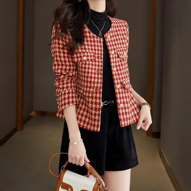 METAVERSMALL Autumn and winter plaid small fragrant style round neck slim versatile women's jacket 2023 popular fashion temperament simple short top