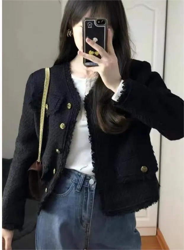 METAVERSMALL Autumn and winter  small fragrant wind coarse tweed long-sleeved black jacket V-neck short top 2023 popular high-end jacket