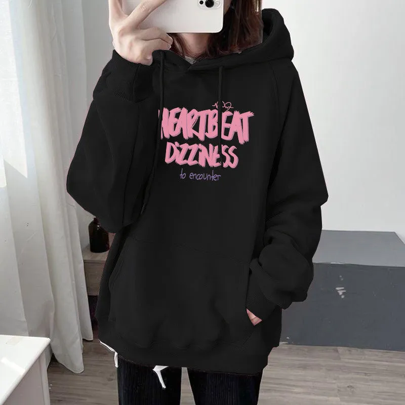 METAVERSMALL Autumn and winter tide ins Korean version of loose sweater female student fleece thickened/thin jacket letter printed hooded top