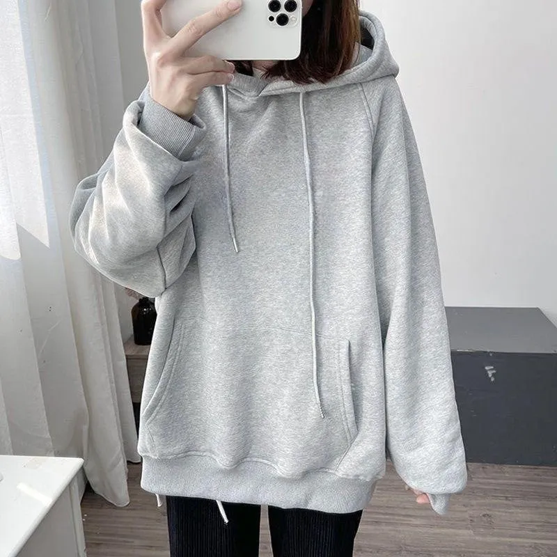 METAVERSMALL Autumn and winter tide ins Korean version of loose sweater female student fleece thickened/thin jacket letter printed hooded top