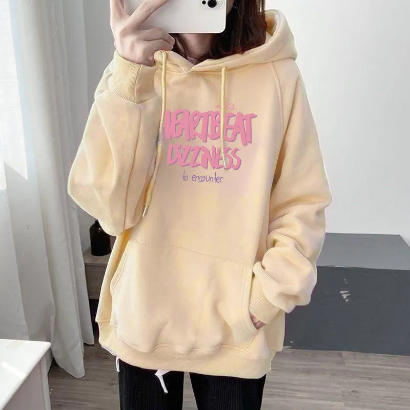 METAVERSMALL Autumn and winter tide ins Korean version of loose sweater female student fleece thickened/thin jacket letter printed hooded top