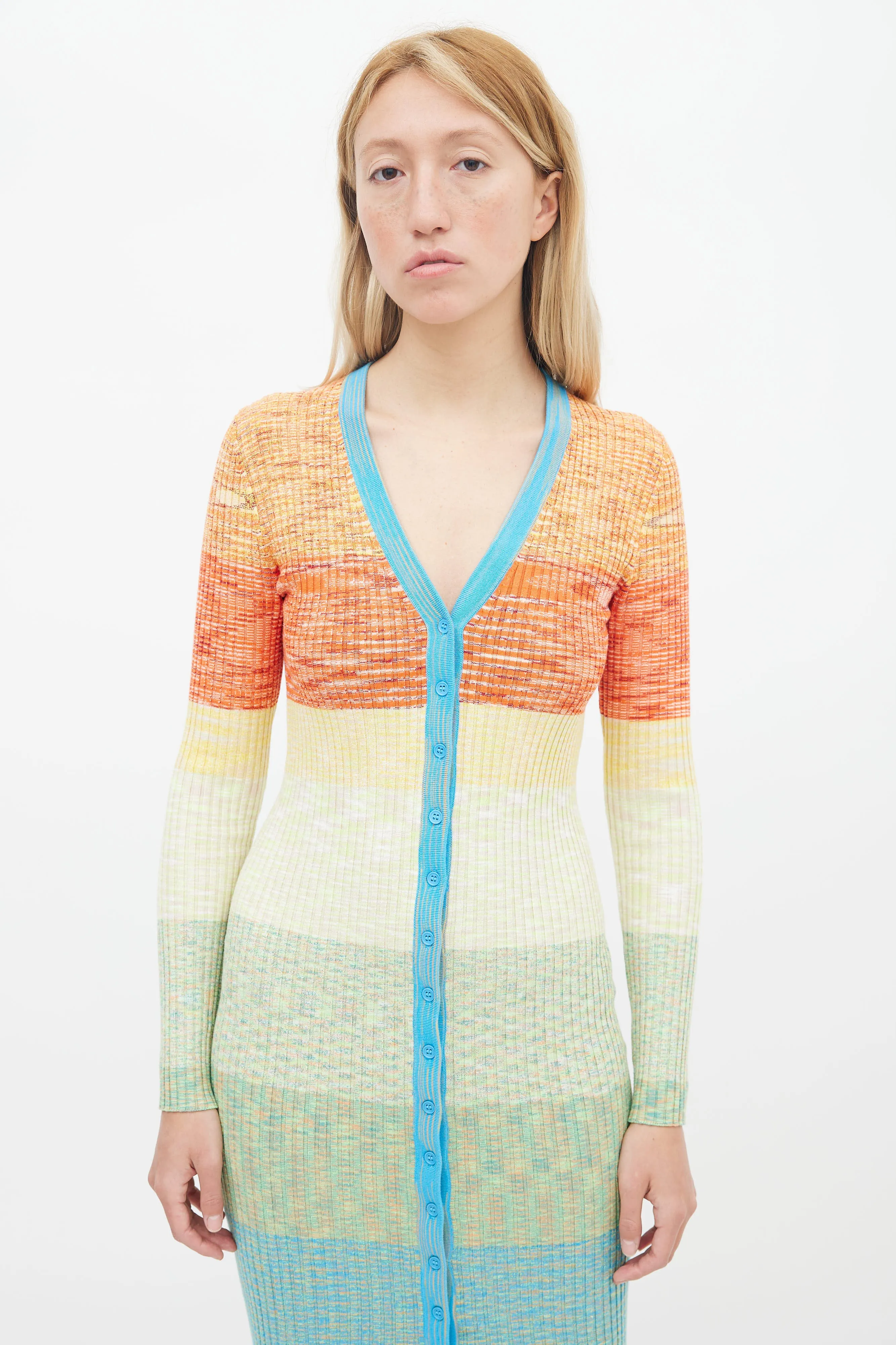 Multicolor Ribbed Button Up Sweater Dress