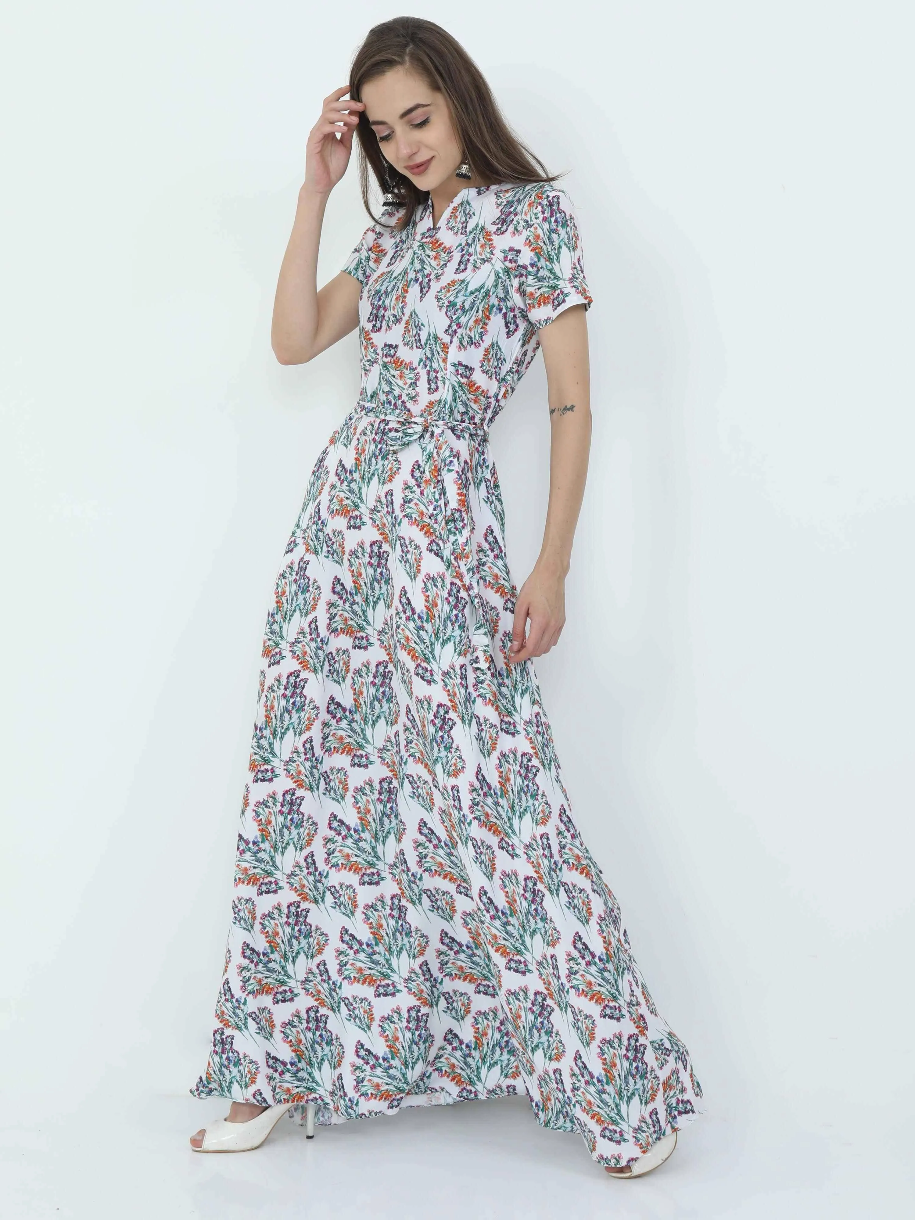 Multicolored Digital Print Fit & Flare Maxi Dress