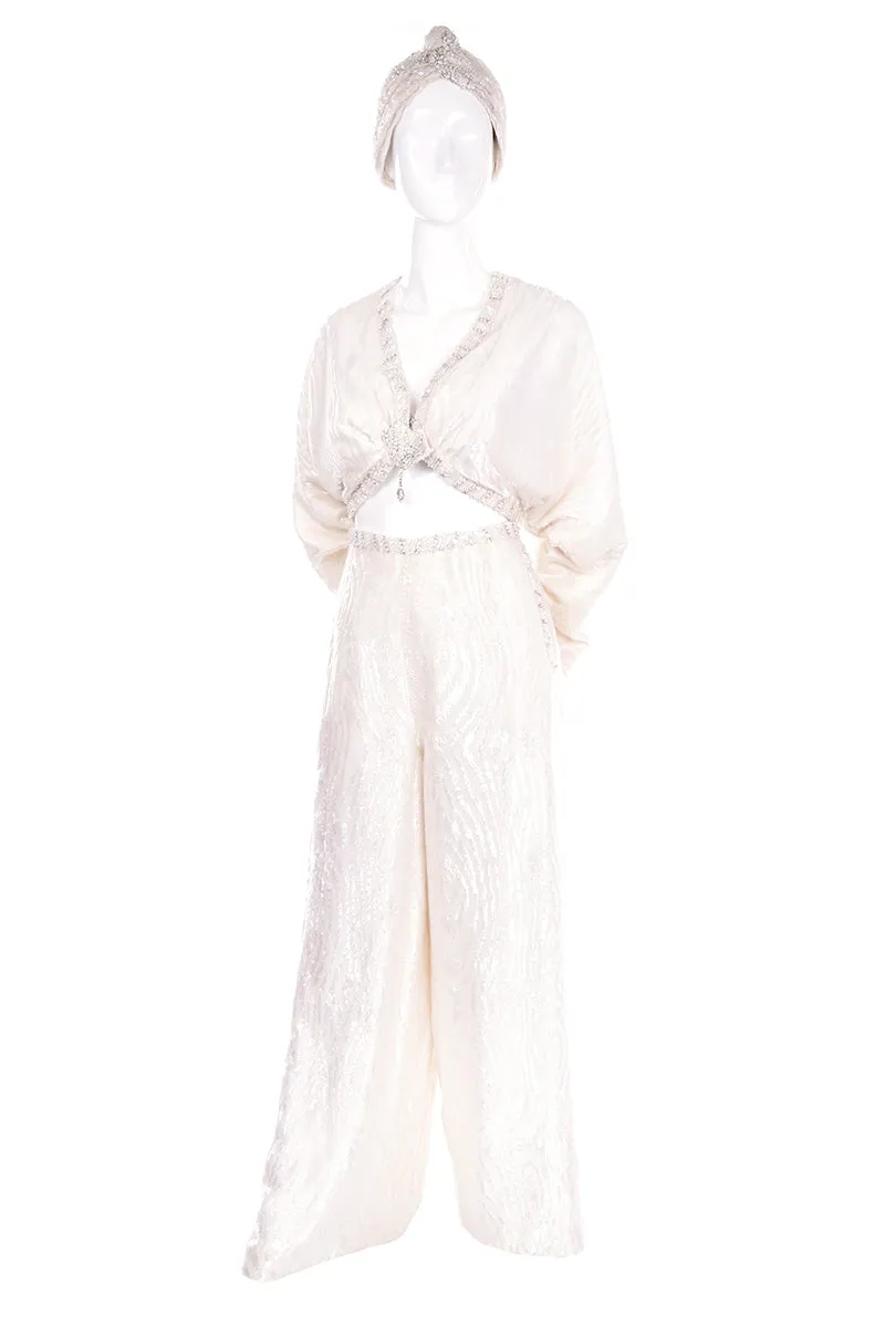 Natalie Cole 1970s White Beaded Evening Outfit W Pants Bustier Shrug & Headband