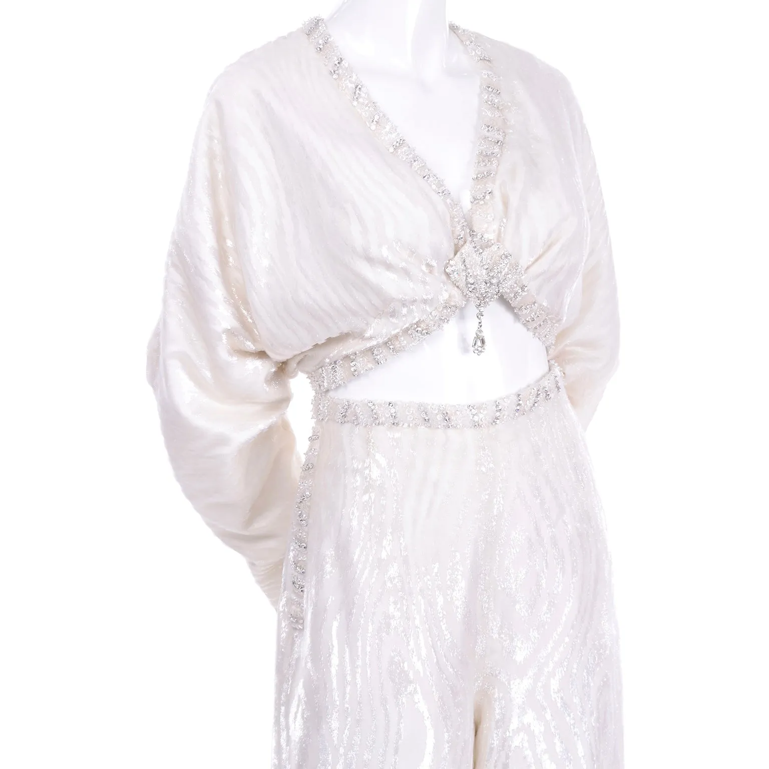 Natalie Cole 1970s White Beaded Evening Outfit W Pants Bustier Shrug & Headband