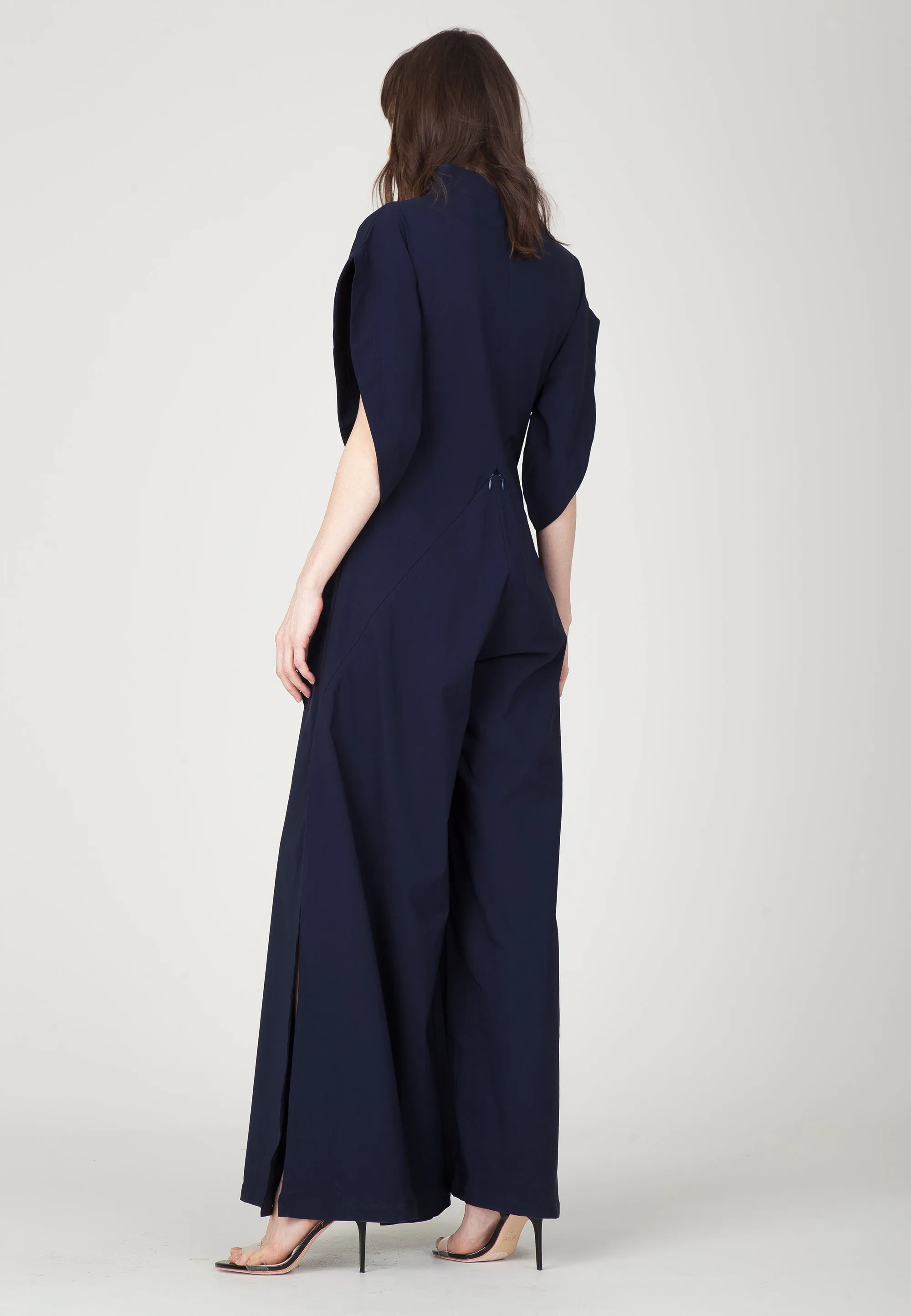 Navy Short Sleeve High Neck Wide-Leg Japanese Kimono Jumpsuit LEA