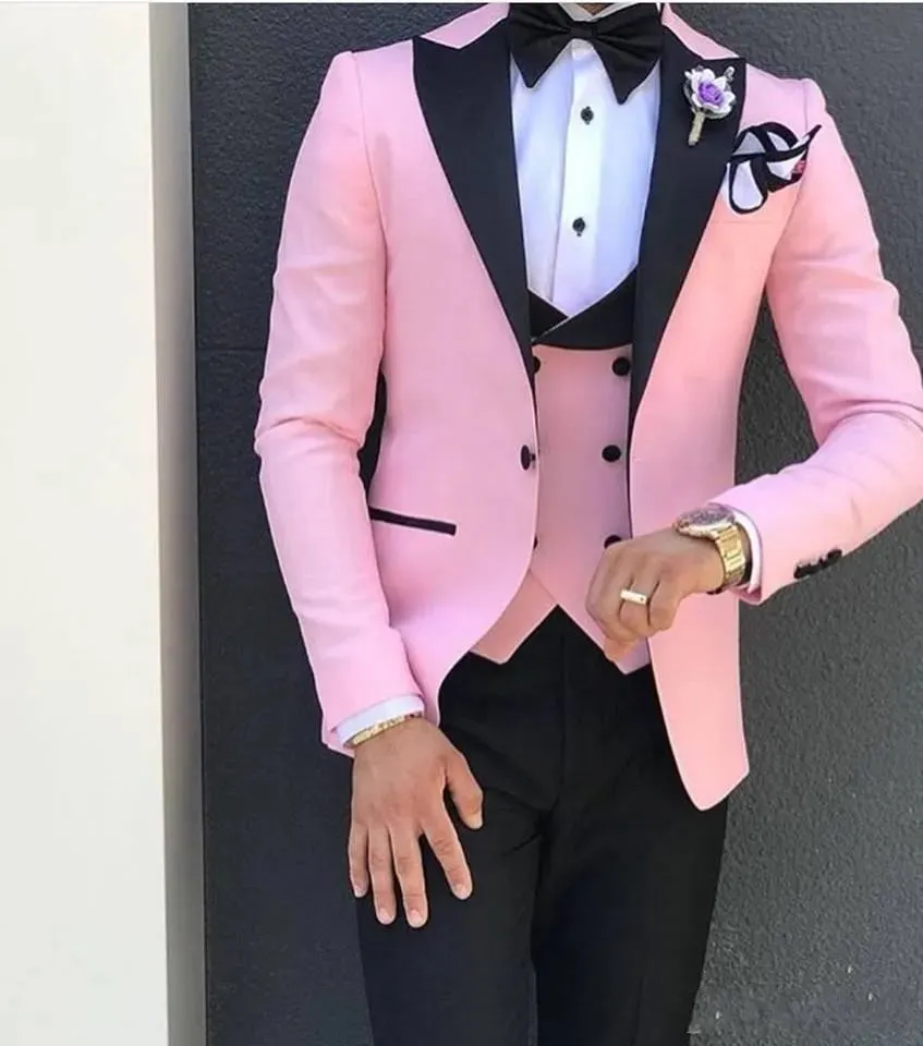 New Fashion Pink Slim Fit Groom Tuxedos Black Peak Lapel Groomsmen Mens Wedding Dress Excellent Man 3 Piece Suit(Jacket Pants Vest Tie) 603