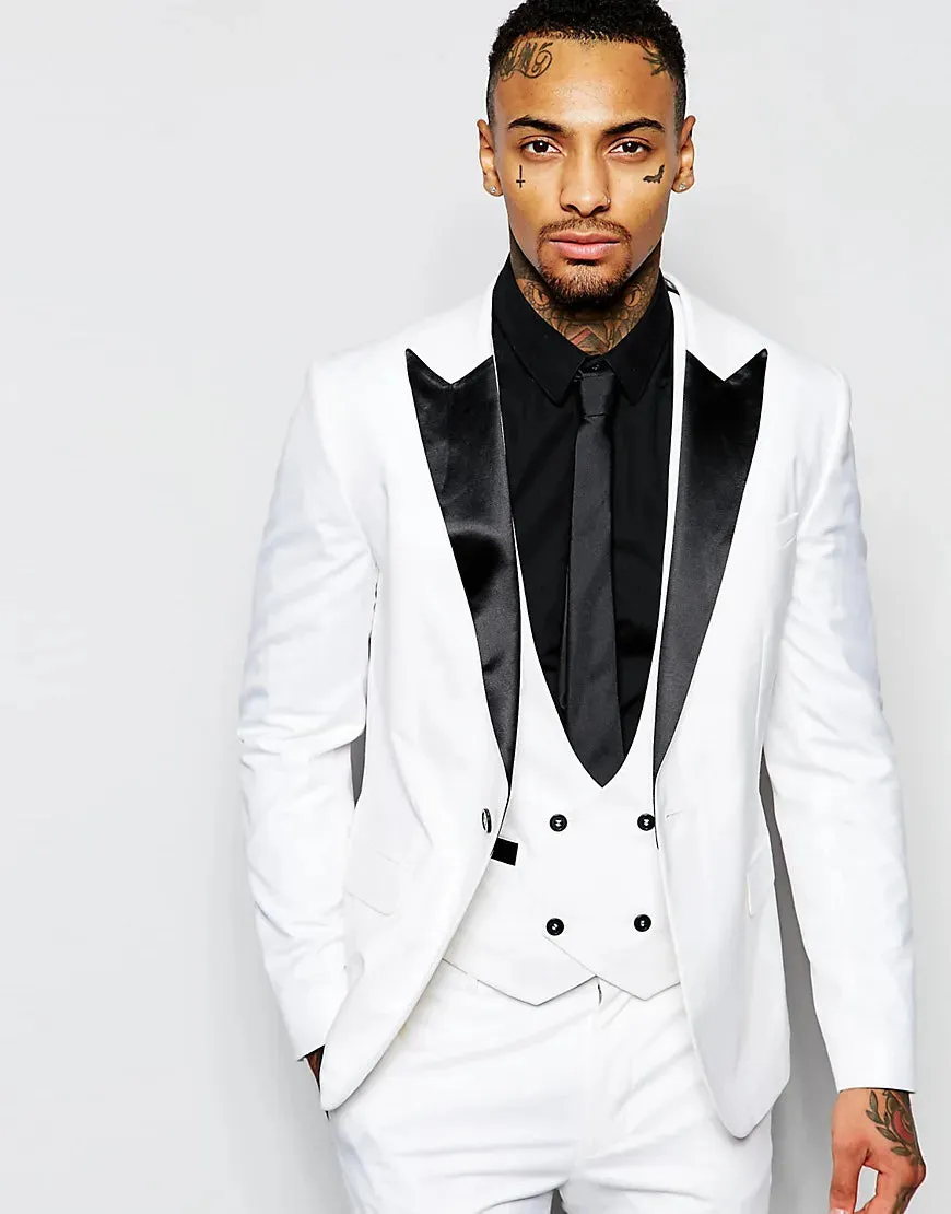 New Fashion Pink Slim Fit Groom Tuxedos Black Peak Lapel Groomsmen Mens Wedding Dress Excellent Man 3 Piece Suit(Jacket Pants Vest Tie) 603