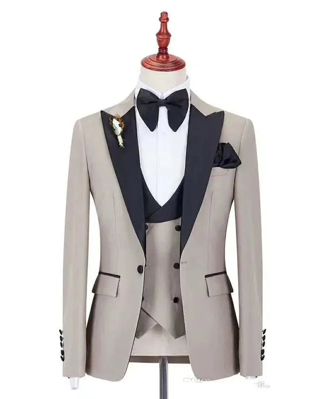 New Fashion Pink Slim Fit Groom Tuxedos Black Peak Lapel Groomsmen Mens Wedding Dress Excellent Man 3 Piece Suit(Jacket Pants Vest Tie) 603