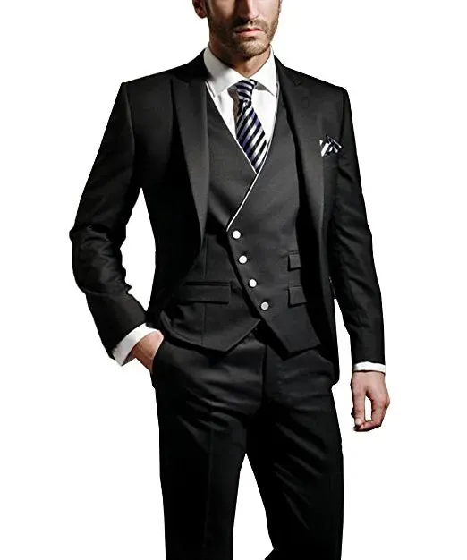 New Fashion Pink Slim Fit Groom Tuxedos Black Peak Lapel Groomsmen Mens Wedding Dress Excellent Man 3 Piece Suit(Jacket Pants Vest Tie) 603