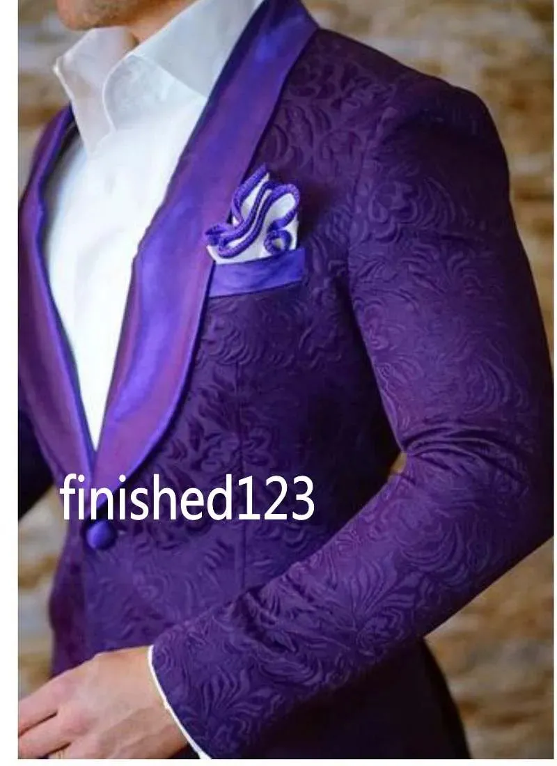 New Fashion Purple Paisley Groom Tuxedos Shawl Lapel Man Prom Blazer Coat Wedding Business Suits (Jacket Pants Bow Tie) H:873