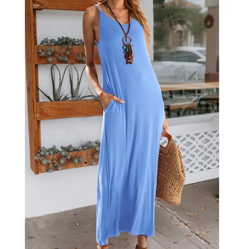 New Fashion Summer Solid Color Beach Maxi Dress