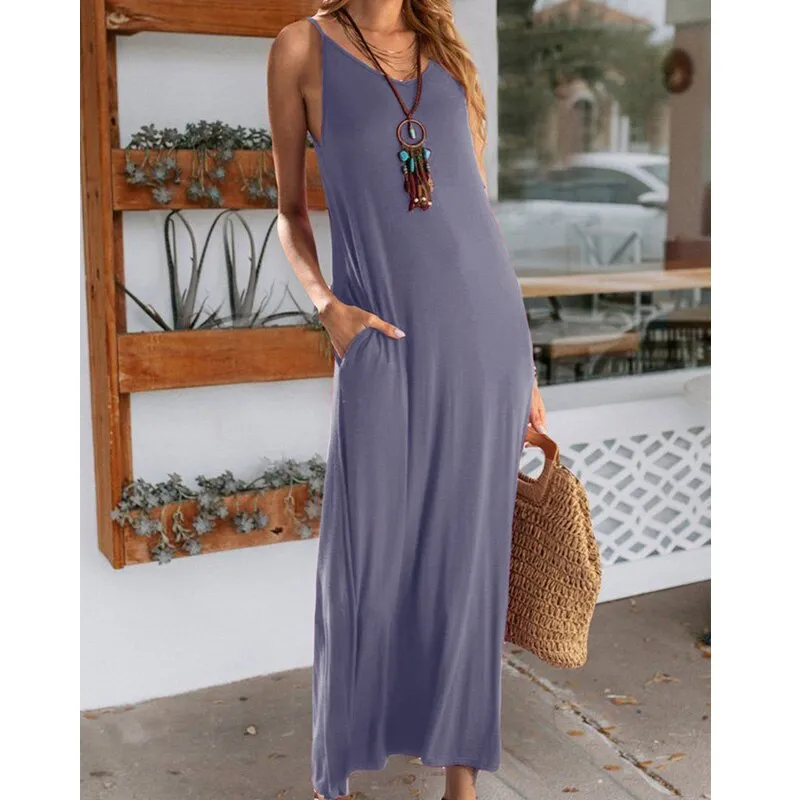 New Fashion Summer Solid Color Beach Maxi Dress