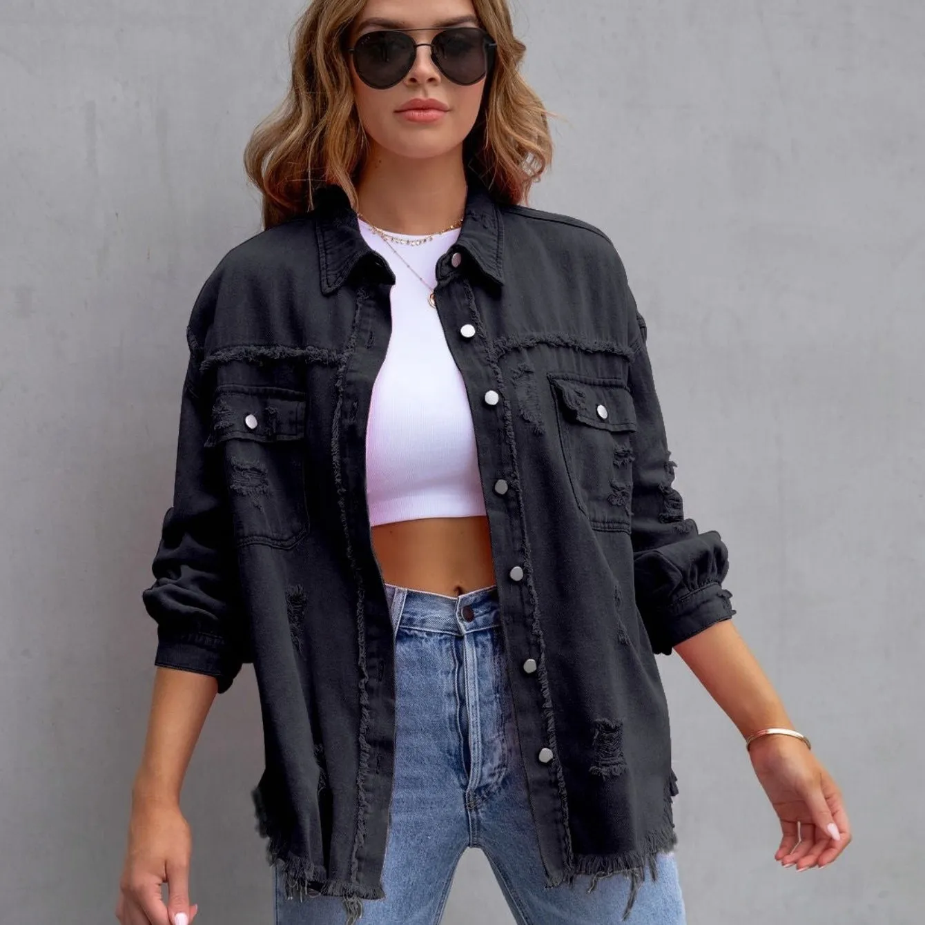 new mid-length denim jacket with raw edge and holes for women autumn and winter long-sleeved casual lapel top