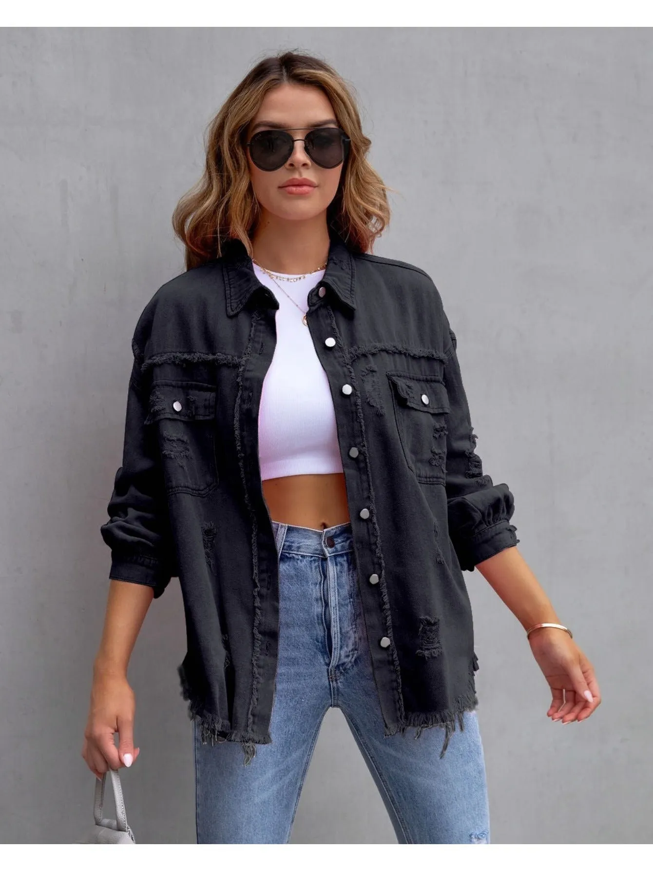 new mid-length denim jacket with raw edge and holes for women autumn and winter long-sleeved casual lapel top