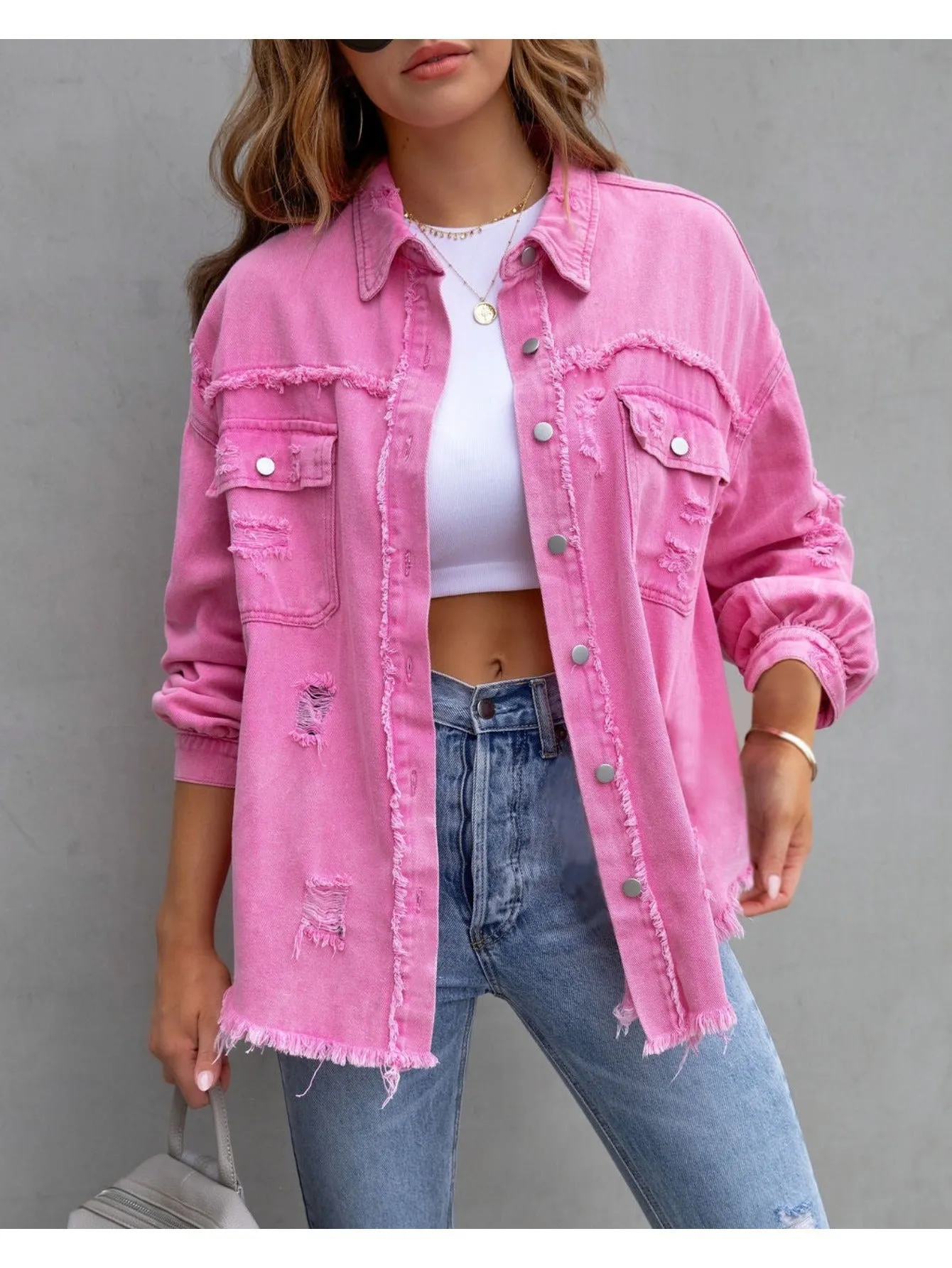 new mid-length denim jacket with raw edge and holes for women autumn and winter long-sleeved casual lapel top