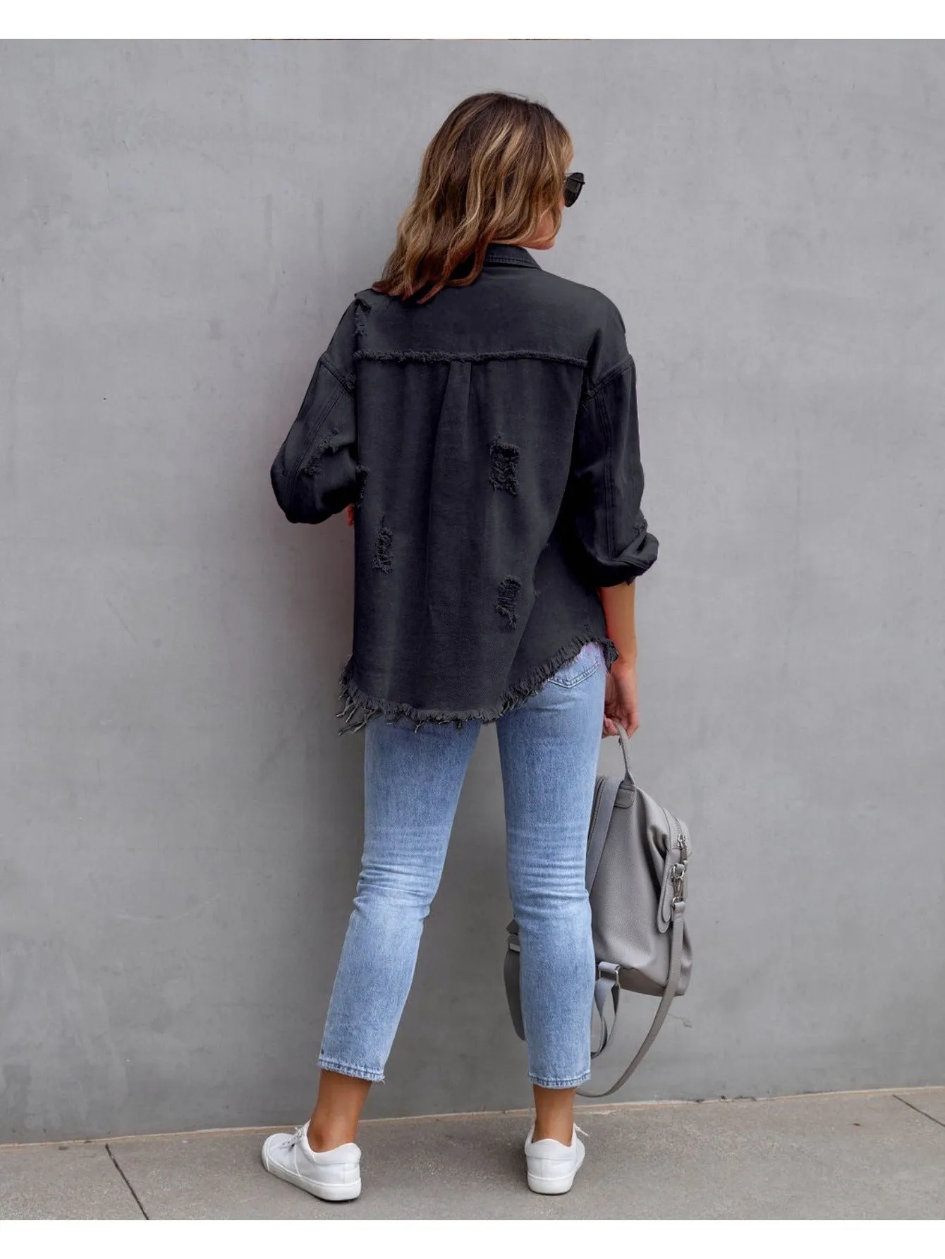 new mid-length denim jacket with raw edge and holes for women autumn and winter long-sleeved casual lapel top