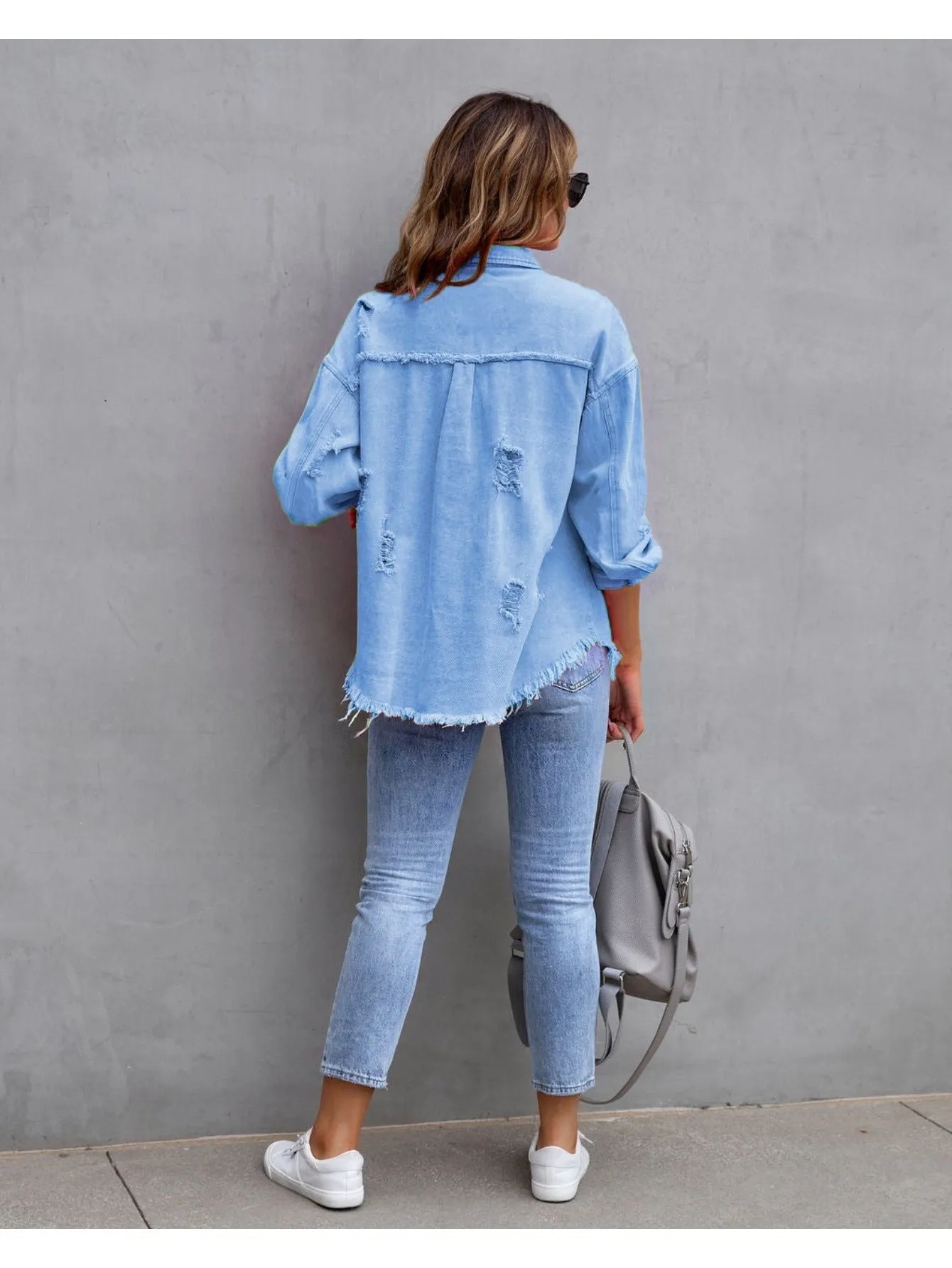 new mid-length denim jacket with raw edge and holes for women autumn and winter long-sleeved casual lapel top