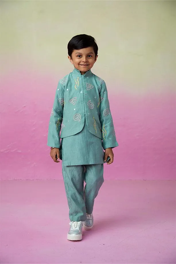 Ocean Voyager- Mint Hand Embroidered Kurta Jacket and Pants Set for Boys