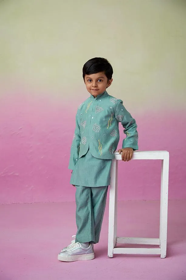 Ocean Voyager- Mint Hand Embroidered Kurta Jacket and Pants Set for Boys