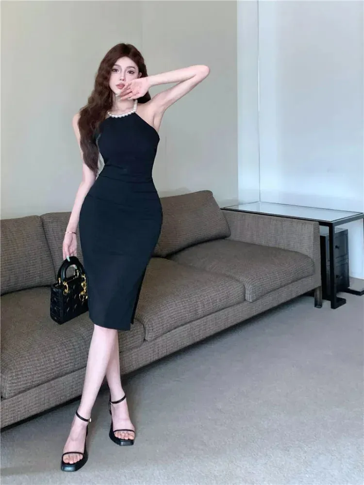 Office Ladies Bodycon Pink Halter Dress Women Designer Sexy Wrap Off Shouler Split Dresses  Slim Party Outfits