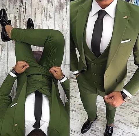 One Button Groomsmen Olive Green Groom Tuxedos Peak Lapel Men Suits Bridegroom Wedding/Prom Best Man ( Jacket Pants Tie Vest ) K976