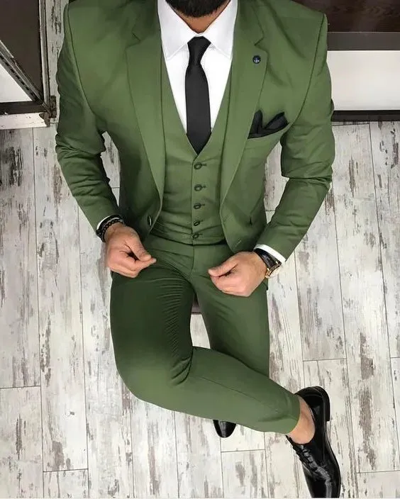 One Button Groomsmen Olive Green Groom Tuxedos Peak Lapel Men Suits Bridegroom Wedding/Prom Best Man ( Jacket Pants Tie Vest ) K976