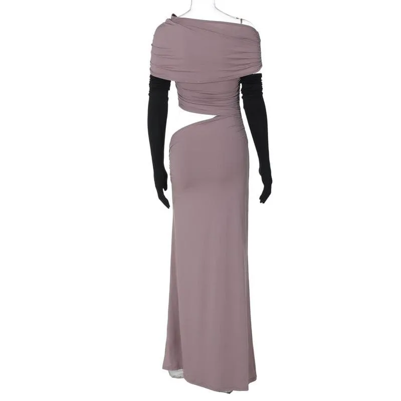 One shoulder gloves ruched hollow out cut out maxi dress