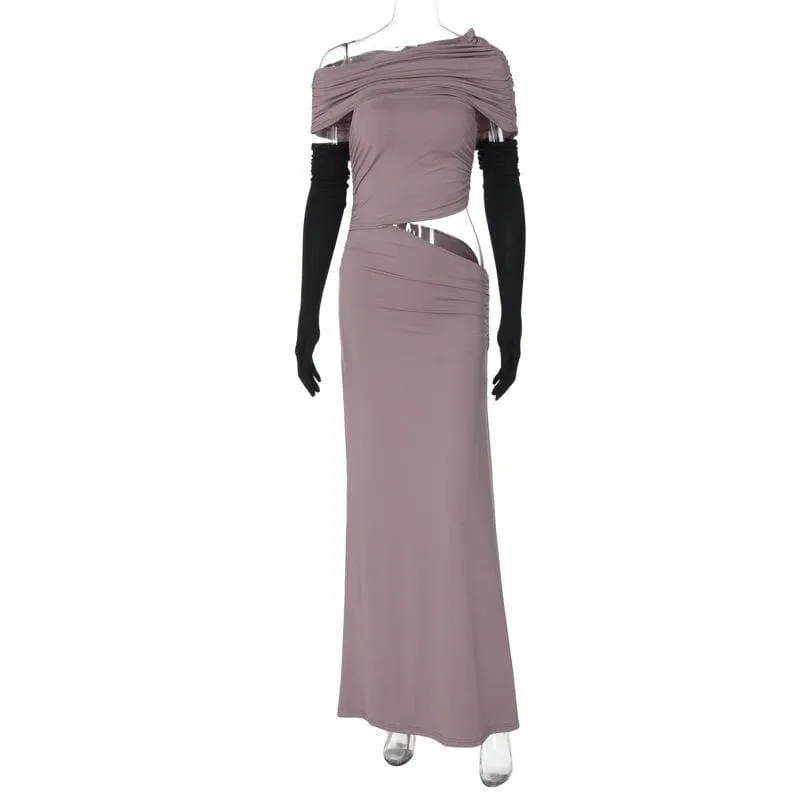 One shoulder gloves ruched hollow out cut out maxi dress