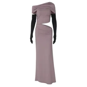 One shoulder gloves ruched hollow out cut out maxi dress